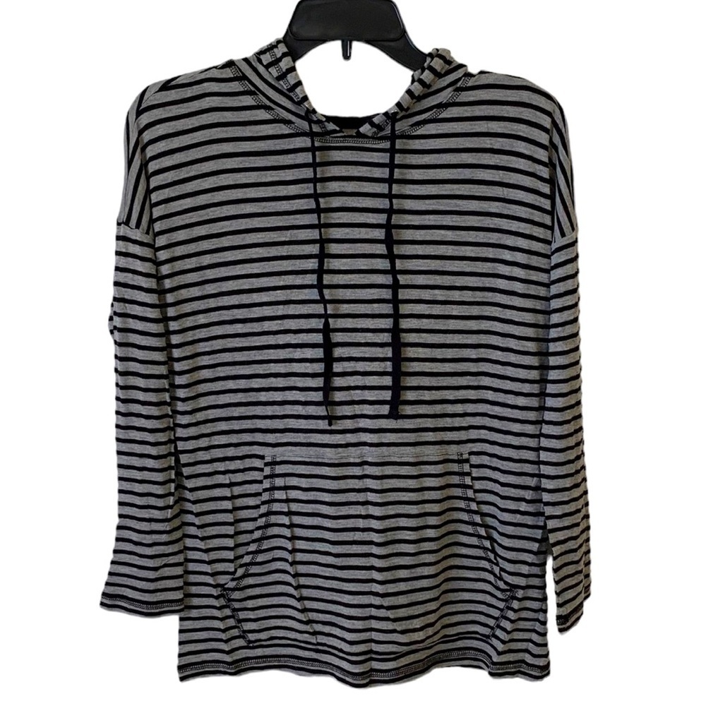 Half Moon | Small | Striped Grey & Black Lightweight Long Sleeve Hooded Shirt